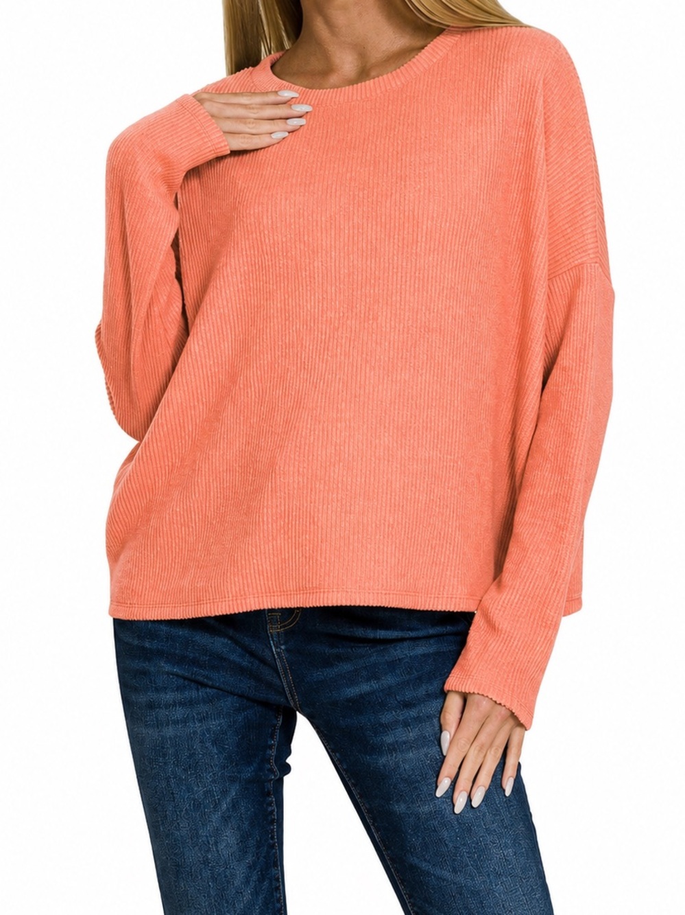 Zenana Ribbed Knit Dolman Sleeve Light Loose Fit Sweater